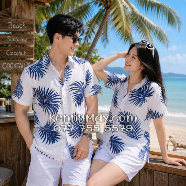 Áo Sơ Mi Đôi Resort Vải Đũi Họa Tiết Lá Cọ Navy Tropical - ATD024
