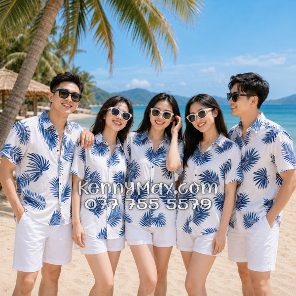 Áo Sơ Mi Đôi Resort Vải Đũi Họa Tiết Lá Cọ Navy Tropical - ATD024