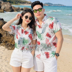 Áo Sơ Mi Đôi Resort Vải Đũi Họa Tiết Lá Đỏ Tropical - ATD026