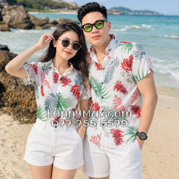 Áo Sơ Mi Đôi Resort Vải Đũi Họa Tiết Lá Đỏ Tropical - ATD026