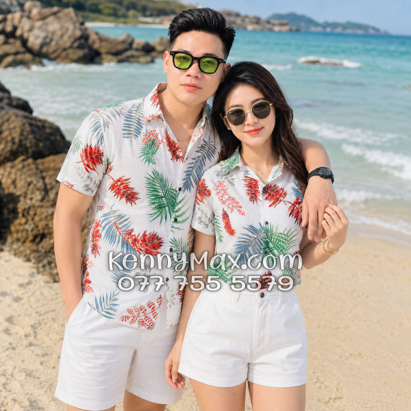 Áo Sơ Mi Đôi Resort Vải Đũi Họa Tiết Lá Đỏ Tropical - ATD026