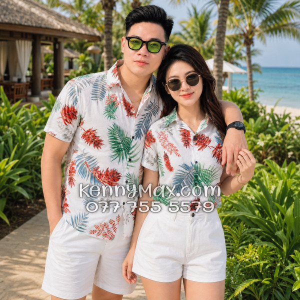 Áo Sơ Mi Đôi Resort Vải Đũi Họa Tiết Lá Đỏ Tropical - ATD026