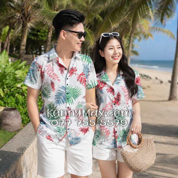 Áo Sơ Mi Đôi Resort Vải Đũi Họa Tiết Lá Đỏ Tropical - ATD026