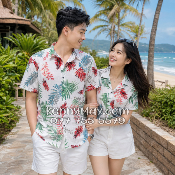 Áo Sơ Mi Đôi Resort Vải Đũi Họa Tiết Lá Đỏ Tropical - ATD026