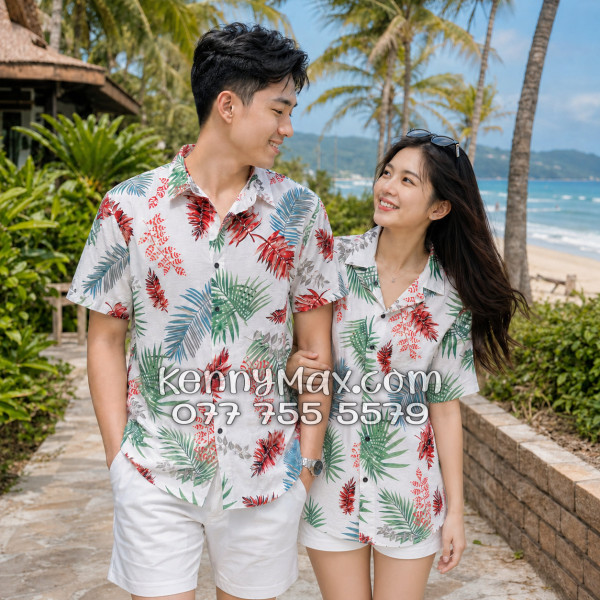 Áo Sơ Mi Đôi Resort Vải Đũi Họa Tiết Lá Đỏ Tropical - ATD026