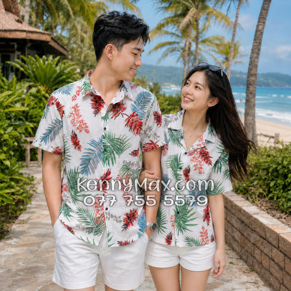 Áo Sơ Mi Đôi Resort Vải Đũi Họa Tiết Lá Đỏ Tropical - ATD026