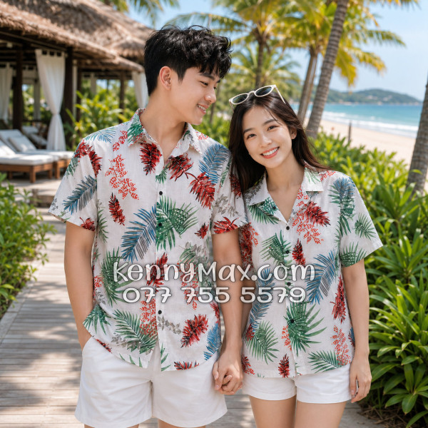 Áo Sơ Mi Đôi Resort Vải Đũi Họa Tiết Lá Đỏ Tropical - ATD026