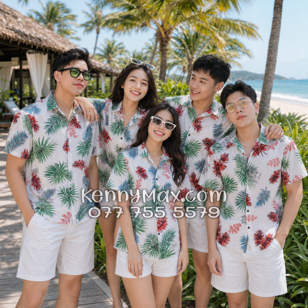 Áo Sơ Mi Đôi Resort Vải Đũi Họa Tiết Lá Đỏ Tropical - ATD026