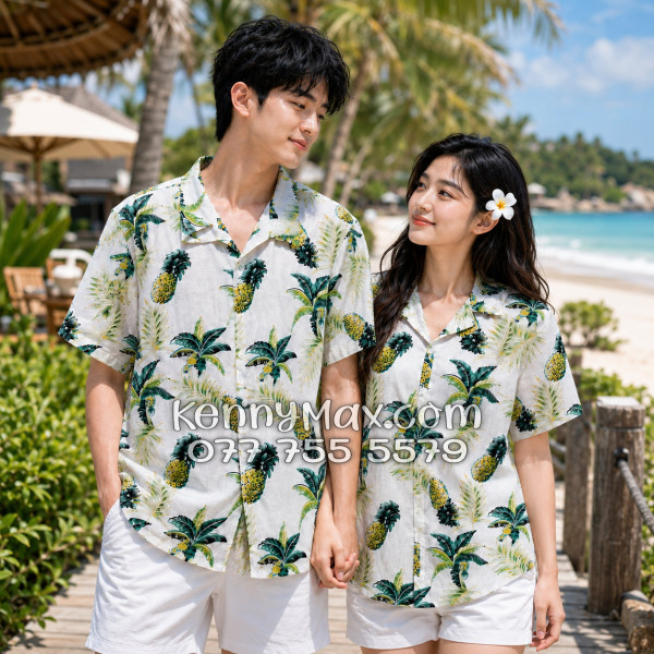 Áo Sơ Mi Đôi Resort Vải Đũi Họa Tiết Thơm Dứa Tropical - ATD031