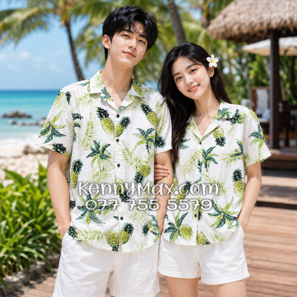 Áo Sơ Mi Đôi Resort Vải Đũi Họa Tiết Thơm Dứa Tropical - ATD031