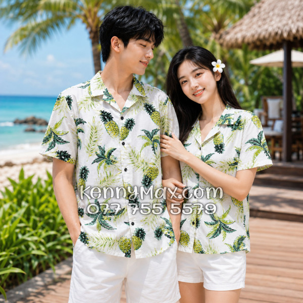 Áo Sơ Mi Đôi Resort Vải Đũi Họa Tiết Thơm Dứa Tropical - ATD031