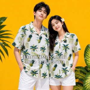 Áo Sơ Mi Đôi Resort Vải Đũi Họa Tiết Thơm Dứa Tropical - ATD031