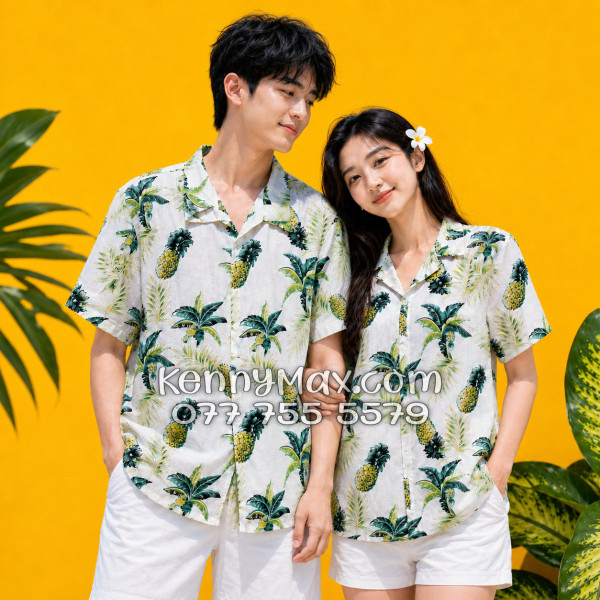 Áo Sơ Mi Đôi Resort Vải Đũi Họa Tiết Thơm Dứa Tropical - ATD031