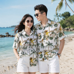 Áo Sơ Mi Đôi Resort Vải Đũi Họa Tiết Thơm Dứa Hoa Sứ Tropical - ATD032