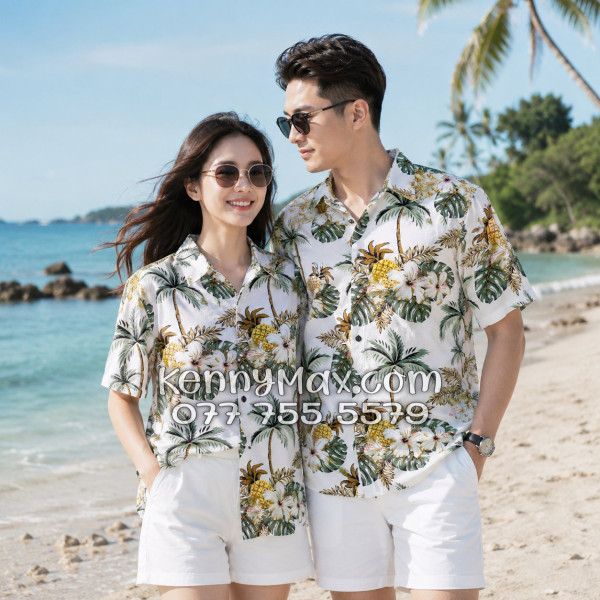 Áo Sơ Mi Đôi Resort Vải Đũi Họa Tiết Thơm Dứa Hoa Sứ Tropical - ATD032