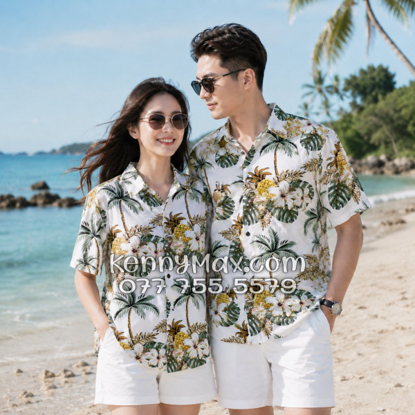 Áo Sơ Mi Đôi Resort Vải Đũi Họa Tiết Thơm Dứa Hoa Sứ Tropical - ATD032