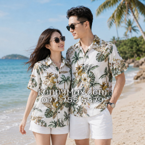 Áo Sơ Mi Đôi Resort Vải Đũi Họa Tiết Thơm Dứa Hoa Sứ Tropical - ATD032