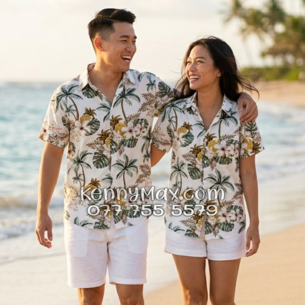 Áo Sơ Mi Đôi Resort Vải Đũi Họa Tiết Thơm Dứa Hoa Sứ Tropical - ATD032