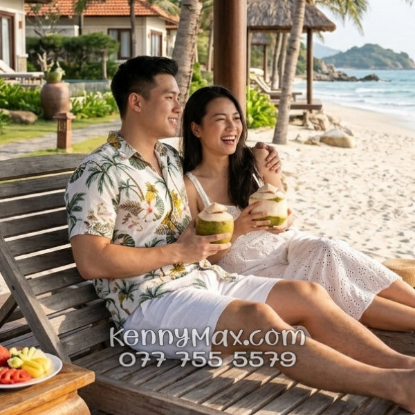 Áo Sơ Mi Đôi Resort Vải Đũi Họa Tiết Thơm Dứa Hoa Sứ Tropical - ATD032