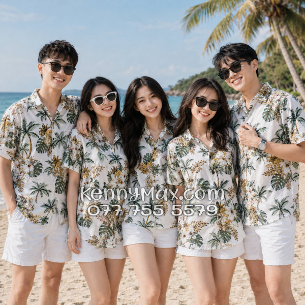 Áo Sơ Mi Đôi Resort Vải Đũi Họa Tiết Thơm Dứa Hoa Sứ Tropical - ATD032