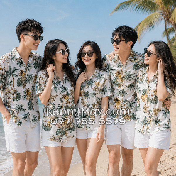 Áo Sơ Mi Đôi Resort Vải Đũi Họa Tiết Thơm Dứa Hoa Sứ Tropical - ATD032