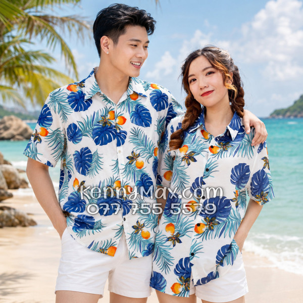 Áo Sơ Mi Đôi Resort Vải Đũi Họa Tiết Trái Đào Tropical - ATD033