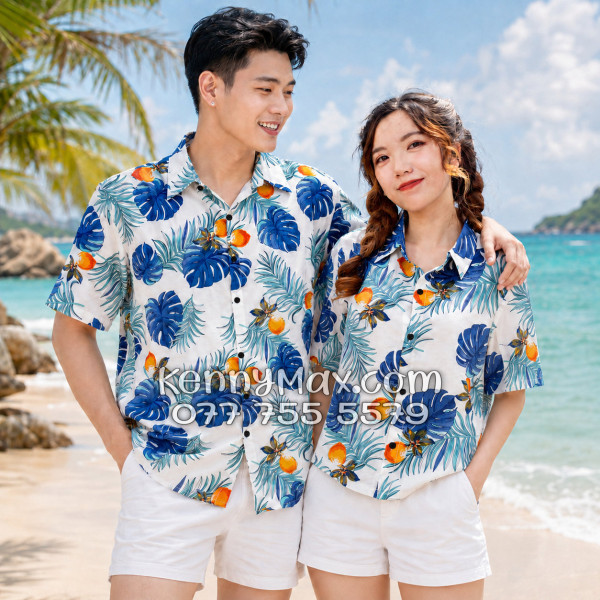 Áo Sơ Mi Đôi Resort Vải Đũi Họa Tiết Trái Đào Tropical - ATD033