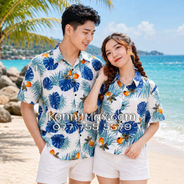 Áo Sơ Mi Đôi Resort Vải Đũi Họa Tiết Trái Đào Tropical - ATD033