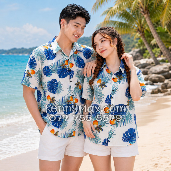 Áo Sơ Mi Đôi Resort Vải Đũi Họa Tiết Trái Đào Tropical - ATD033
