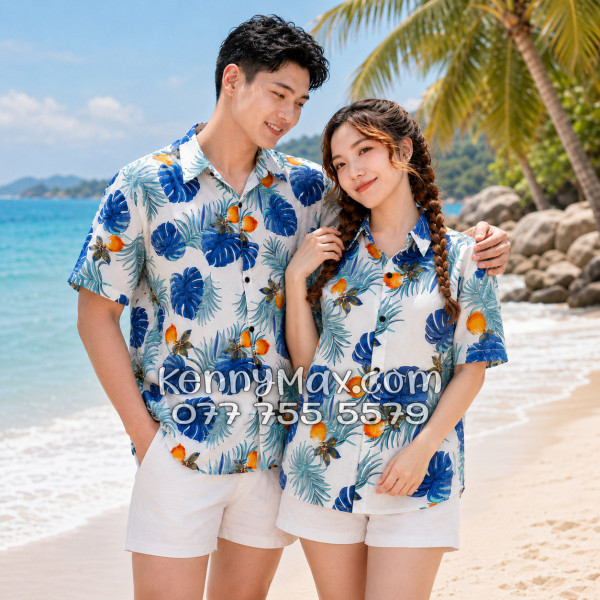 Áo Sơ Mi Đôi Resort Vải Đũi Họa Tiết Trái Đào Tropical - ATD033
