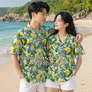 Áo Sơ Mi Đôi Resort Vải Đũi Họa Tiết Chanh Vàng Tropical - ATD034