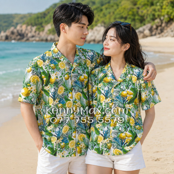 Áo Sơ Mi Đôi Resort Vải Đũi Họa Tiết Chanh Vàng Tropical - ATD034