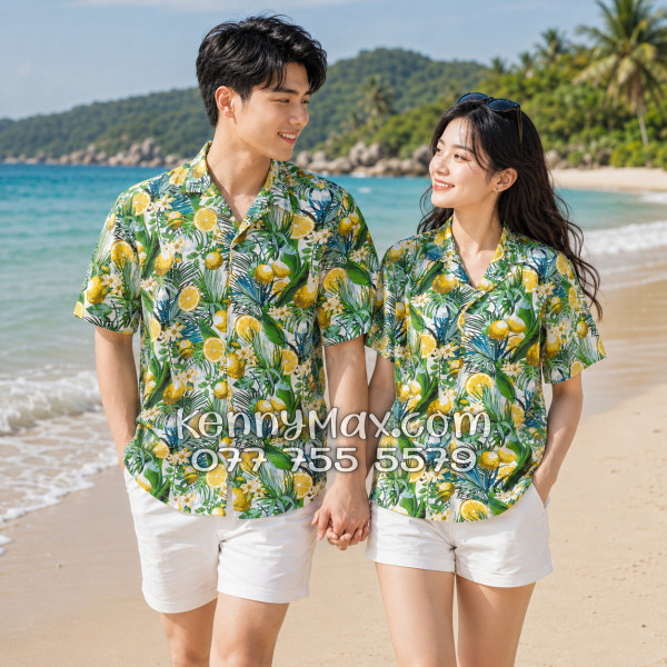 Áo Sơ Mi Đôi Resort Vải Đũi Họa Tiết Chanh Vàng Tropical - ATD034