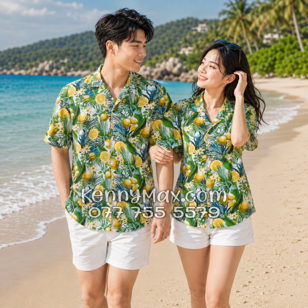 Áo Sơ Mi Đôi Resort Vải Đũi Họa Tiết Chanh Vàng Tropical - ATD034