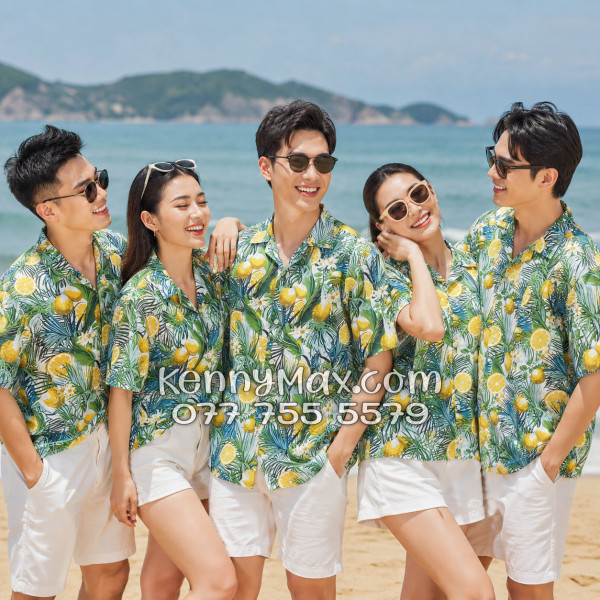 Áo Sơ Mi Đôi Resort Vải Đũi Họa Tiết Chanh Vàng Tropical - ATD034