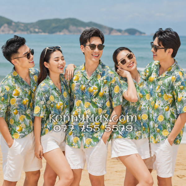 Áo Sơ Mi Đôi Resort Vải Đũi Họa Tiết Chanh Vàng Tropical - ATD034