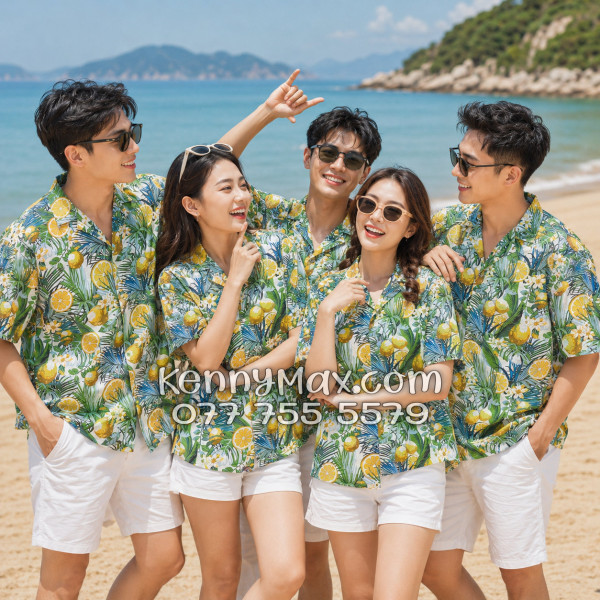 Áo Sơ Mi Đôi Resort Vải Đũi Họa Tiết Chanh Vàng Tropical - ATD034