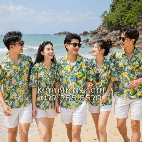 Áo Sơ Mi Đôi Resort Vải Đũi Họa Tiết Chanh Vàng Tropical - ATD034