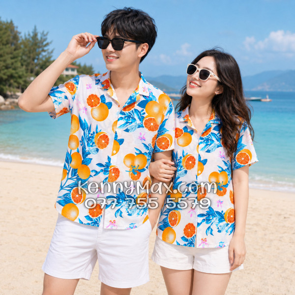 Áo Sơ Mi Đôi Resort Vải Đũi Họa Tiết Trái Cam Tropical - ATD035