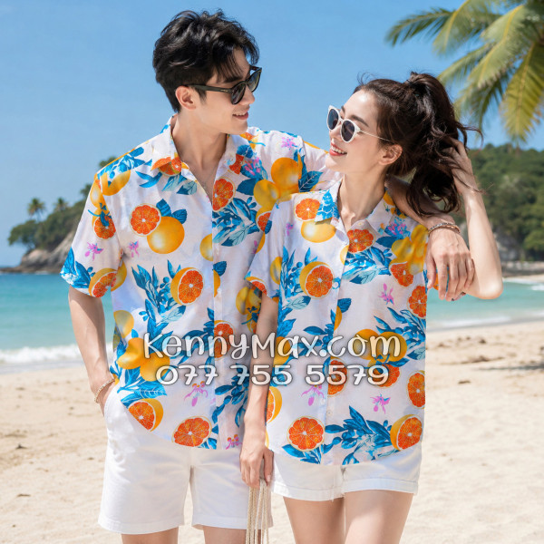 Áo Sơ Mi Đôi Resort Vải Đũi Họa Tiết Trái Cam Tropical - ATD035