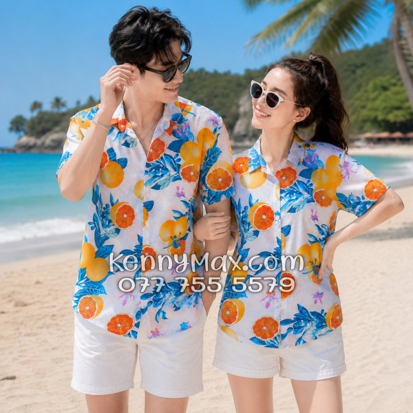 Áo Sơ Mi Đôi Resort Vải Đũi Họa Tiết Trái Cam Tropical - ATD035