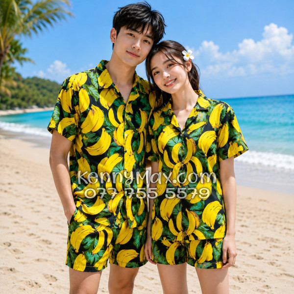 Bộ Hawaiian Chuối Vàng Nền Đen Nam Nữ
