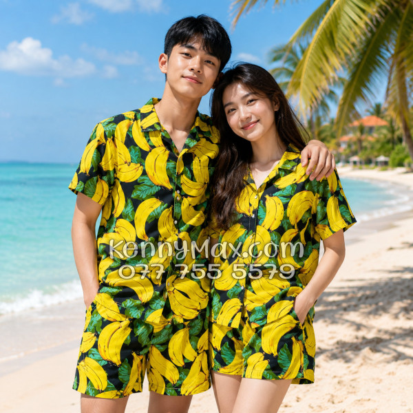 Bộ Hawaiian Chuối Vàng Nền Đen Nam Nữ