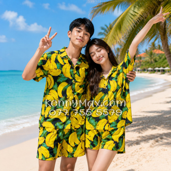 Bộ Hawaiian Chuối Vàng Nền Đen Nam Nữ