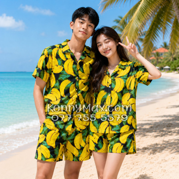 Bộ Hawaiian Chuối Vàng Nền Đen Nam Nữ