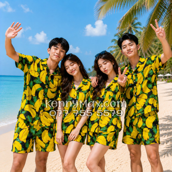 Bộ Hawaiian Chuối Vàng Nền Đen Nam Nữ