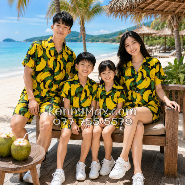 Bộ Hawaiian Chuối Vàng Nền Đen Nam Nữ