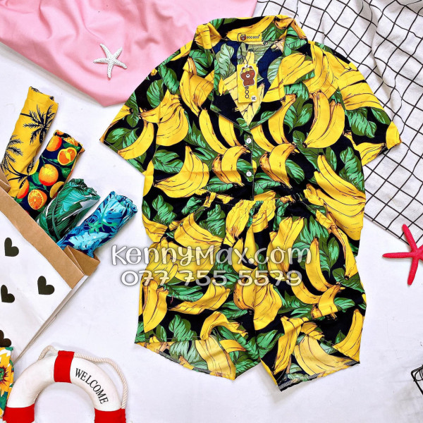 Bộ Hawaiian Chuối Vàng Nền Đen Nam Nữ