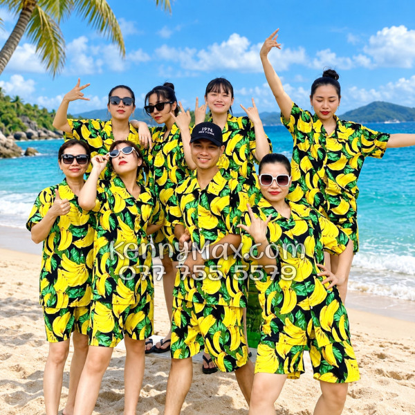Bộ Hawaiian Chuối Vàng Nền Đen Nam Nữ
