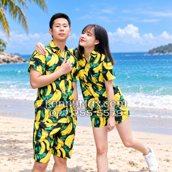Bộ Hawaiian Chuối Vàng Nền Đen Nam Nữ